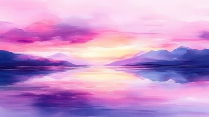 Serene watercolor sunset over tranquil lake landscape