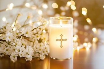 Lit white candle with blossoms and bokeh lights