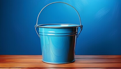 reflective blue bucket on wooden surface against a vibrant blue backdrop generative ai