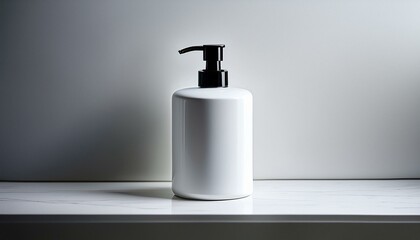 Obraz premium a sleek minimalist white liquid soap dispenser with a black pump against a contrasting white background perfect for modern bathroom and kitchen decor emphasizing cleanliness and simplicity