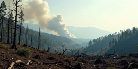 Smoke plume rising over a fire-ravaged landscape, charred trees and barren hillsides