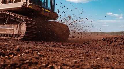Bulldozer moving earth, dirt splashing, construction site.