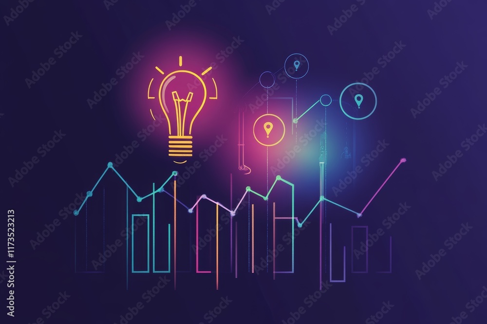 Poster dynamic visual representation of a light bulb symbolizing innovation, combined with growth charts an