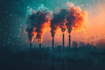 Obraz premium Urban industrial landscape shows smokestacks releasing dark smoke during sunset with colorful sky and atmospheric effects