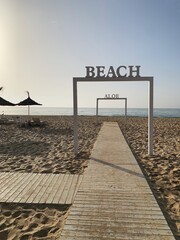 Morning tide on the aloe beach. Path to the ocean in Tunisia. Vertical summer background. Copy space. 