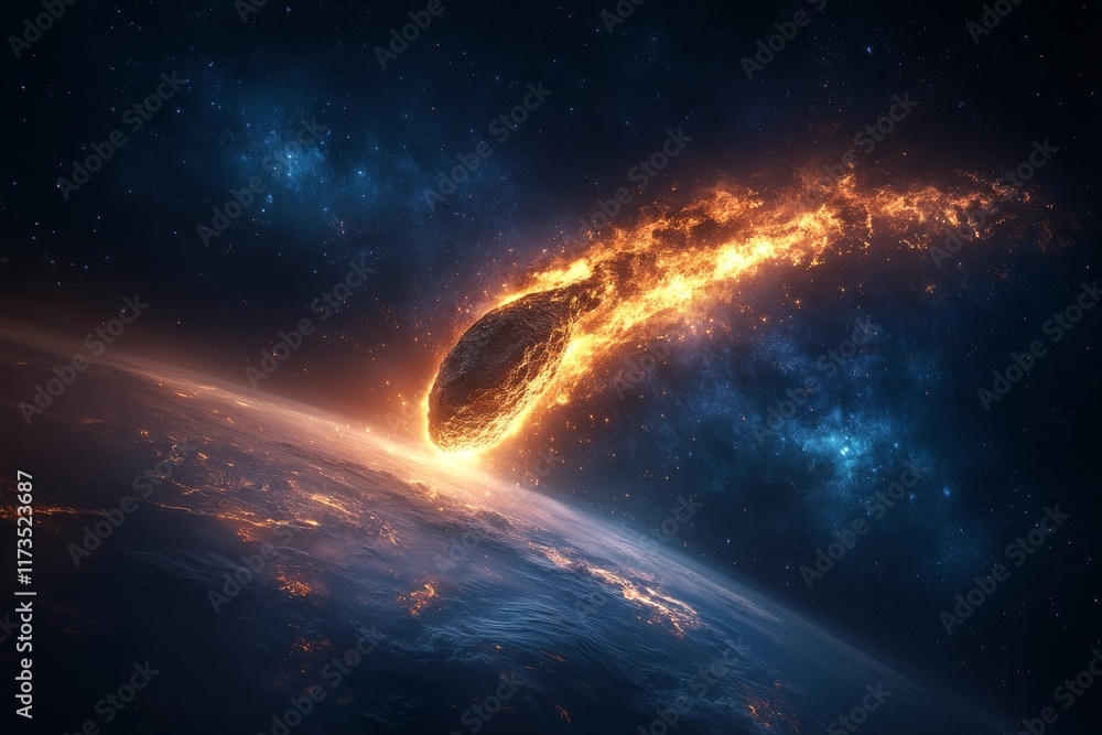 Poster comet streaking through space toward earth in a fiery display of light and motion