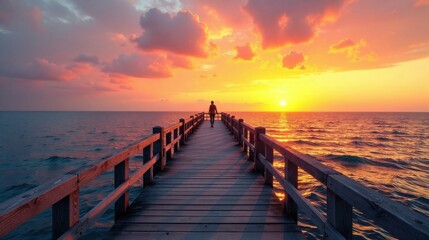 Obraz premium Solitary Figure Walking Towards Vibrant Sunset Over Calm Ocean on Wooden Pier