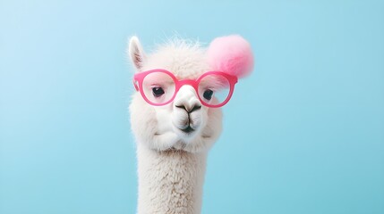 Fototapeta premium Adorable Alpaca Wearing Pink Glasses and Fluffy Pom-Pom