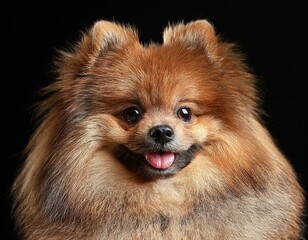 Obraz premium close up adorable fluffy pomeranian spitz dog portrait on black background