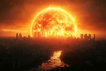Stunning sunset over a city skyline with a blazing sun casting a golden glow on the buildings