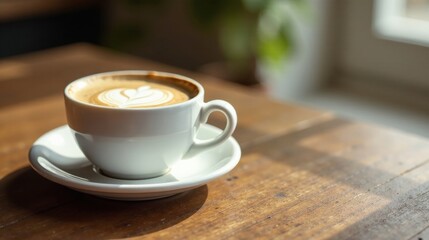 Fototapeta premium Sunlit Latte Art in a White Cup on Wooden Table