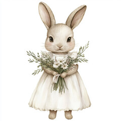 Watercolor vintage Easter little bunny holding spring bouquet, in white dress, isolated on white background