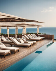 Fototapeta premium luxury pool, stunning view, beachside terrace, modern luxury, private terrace, ocean breeze, coastal retreat, spacious terrace, oceanfront villa, sun-soaked terrace, beach villa, relaxing getaway, pan
