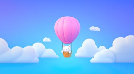 Obraz premium Cute cartoon cat in pink hot air balloon floats above fluffy clouds.