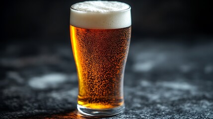 Cold amber beer in pint glass on dark background.