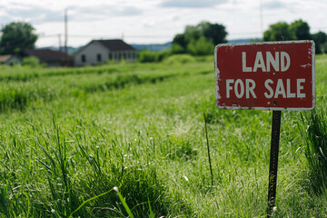 A red "Land For Sale" sign placed in a grassy field, highlighting themes of property transactions, land deals, and real estate investment