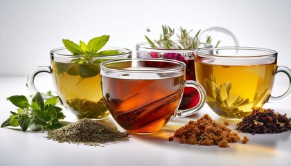 assorted herbal teas in glass cups with loose ingredients on white background