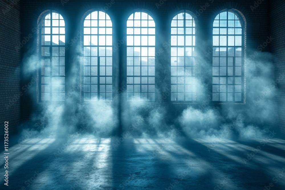 Aufkleber light streams through large windows in an abandoned warehouse filled with misty atmosphere and soft 