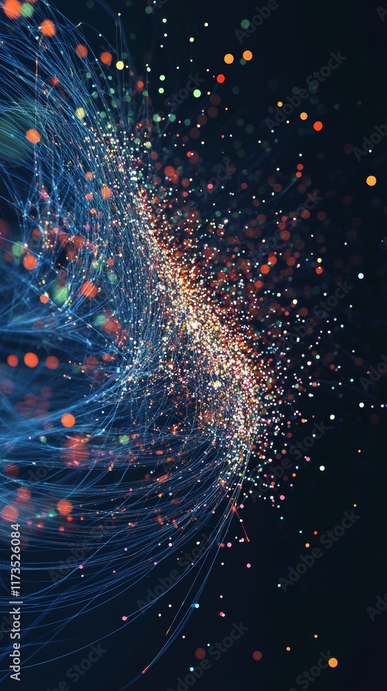 Poster dynamic data visualization concept with colorful points and light trails in a dark background