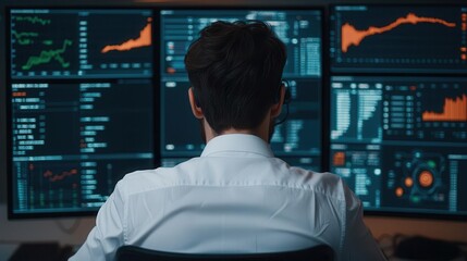 Business professional analyzing feeder fund strategy with performance graphs and flow charts on a digital dashboard
