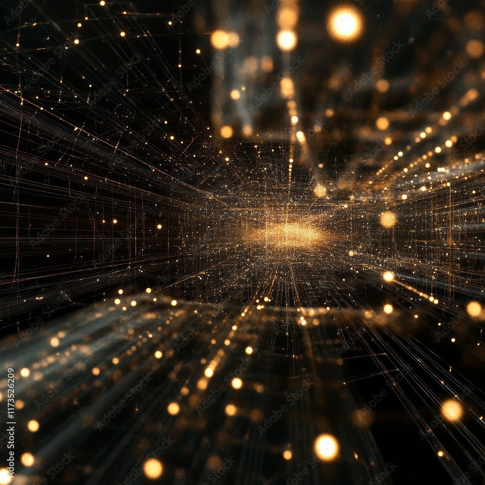 Poster conceptual design of data streams in a network, visualizing flow of information in a digital environ