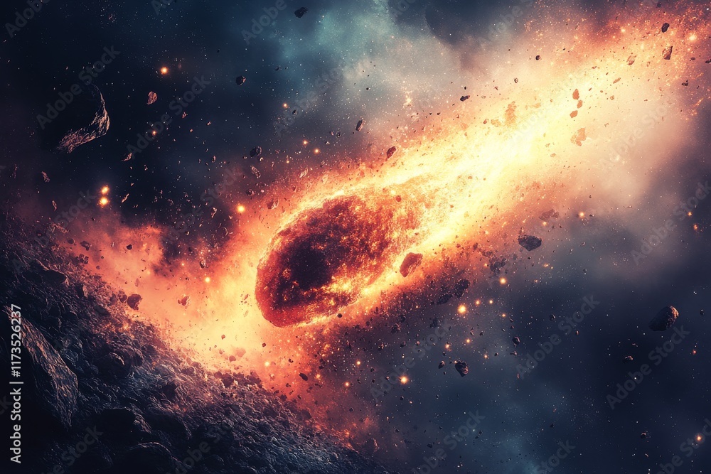 Poster cosmic event showcasing a fiery asteroid hurtling through space surrounded by glowing debris and dar