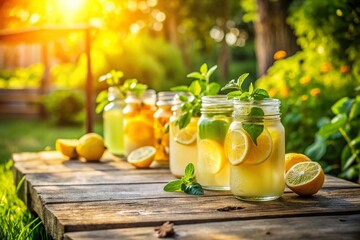 Fototapeta premium Rustic Summer Lemonade: Jars on White Wooden Table - Stock Photo