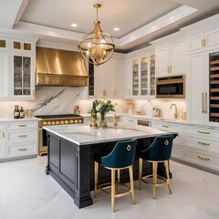 A luxurious, high-end kitchen featuring custom cabinetry, marble countertops, a large island with a wine fridge, and a mix of modern and classic elements.