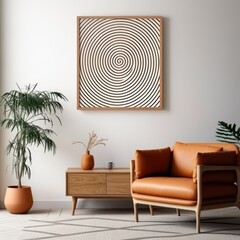 living room with wooden furniture, plants, and a large frame on wall ,bright natural light, white background