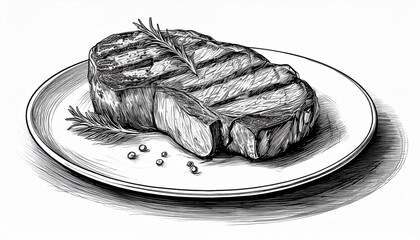 animated hand drawn sketch engraving style illustration of meat steak on a plate