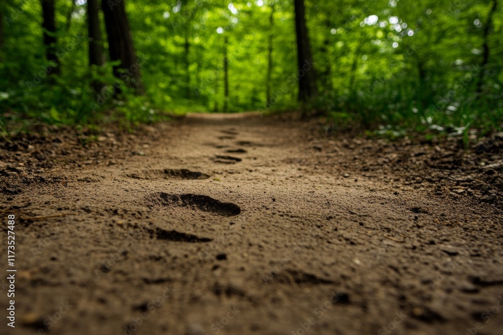 Poster dirt path in a forest with a trail of footprints leading through the trees. scene is tranquil and ca
