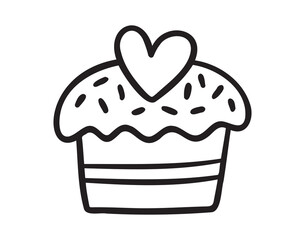 cute muffin with heart for Valentines Day doodle hand drawn icon. Outline drawing cute muffin with heart for Valentines Day line clipart symbol