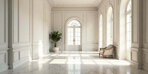 Fototapeta premium Sunlit Elegant Room with Classic Architectural Details and Upholstered Chair