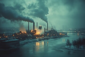 Industrial landscape at night with smoke and glowing lights near a river