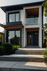 Fototapeta premium Two-story modern home with gray stone facade, black window frames, wood accents, glass balcony, and concrete steps. The front door is a light brown wood.
