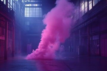 Colorful smoke billows in an industrial warehouse during an artistic performance at dusk