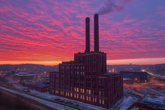 Stunning sunset highlights the silhouette of an industrial building with smokestacks in an urban area