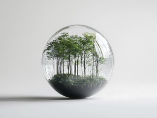 Crystal-Clear Glass Globe with a Miniature Forest Ecosystem, Featuring Lush Greenery, Ferns, and Sunlit Trees for Nature-Inspired Designs