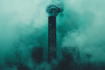 Smokestack releases dense smoke amidst a foggy landscape in an industrial setting