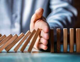 hand halts wooden dominoes from falling over symbolizing the prevention of a business crisis and the control of potential disruptions