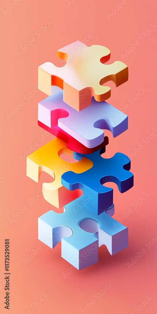 Poster a stack of colorful 3d puzzle pieces arranged vertically against a vibrant gradient background, show