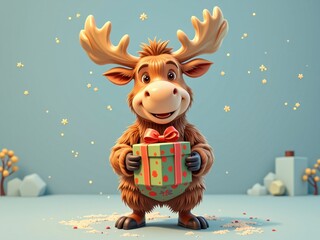 Fototapeta premium Adorable 3D Render of a Moose Holding a Gift Winter Holiday Scene