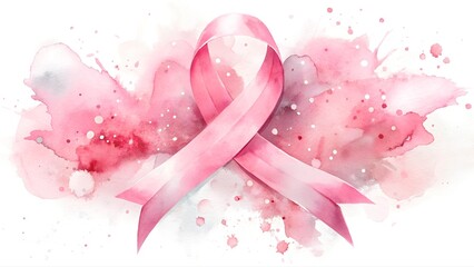 Pink ribbon with watercolor splash background symbolizing breast cancer awareness and hope