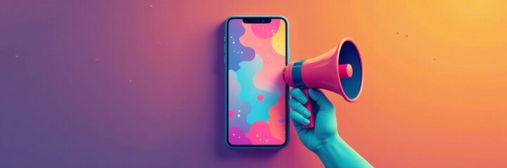 Mobile phone with loudspeaker and digital PR management screen displaying cartoon isomeric flat design, promotion, public relations