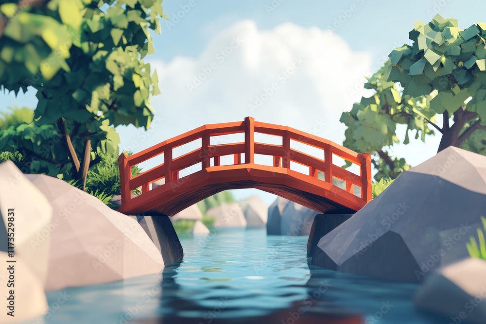 Poster a bridge spans a river with a view of trees in the background