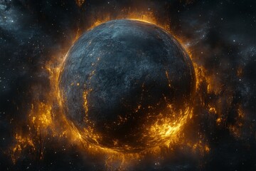 Planet engulfed in flames amidst cosmic backdrop showcasing destruction and chaos in the universe