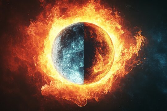 Visual representation of a planet engulfed in flames and ice, showcasing the duality of extreme temperatures in a cosmic setting