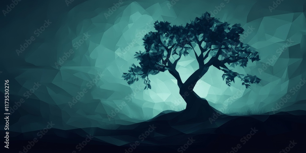 Poster a tree is the main focus of this image, which is a blue and green color scheme. the tree is standing