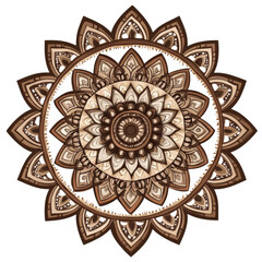 Naklejka premium Earthy toned mandala featuring intricate tribal inspired patterns, showcasing harmonious blend of browns and creams. This design evokes sense of calm and balance