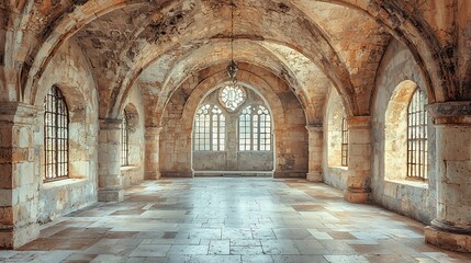 Obraz premium Sunlit stone hall with arched ceilings, stained glass windows, and aged walls.